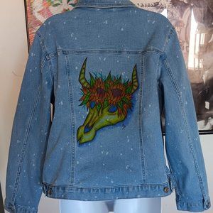 Hand Painted Jean Jacket Blue Denim With Cow Skull and Sunflowers XL 16/18 NWT